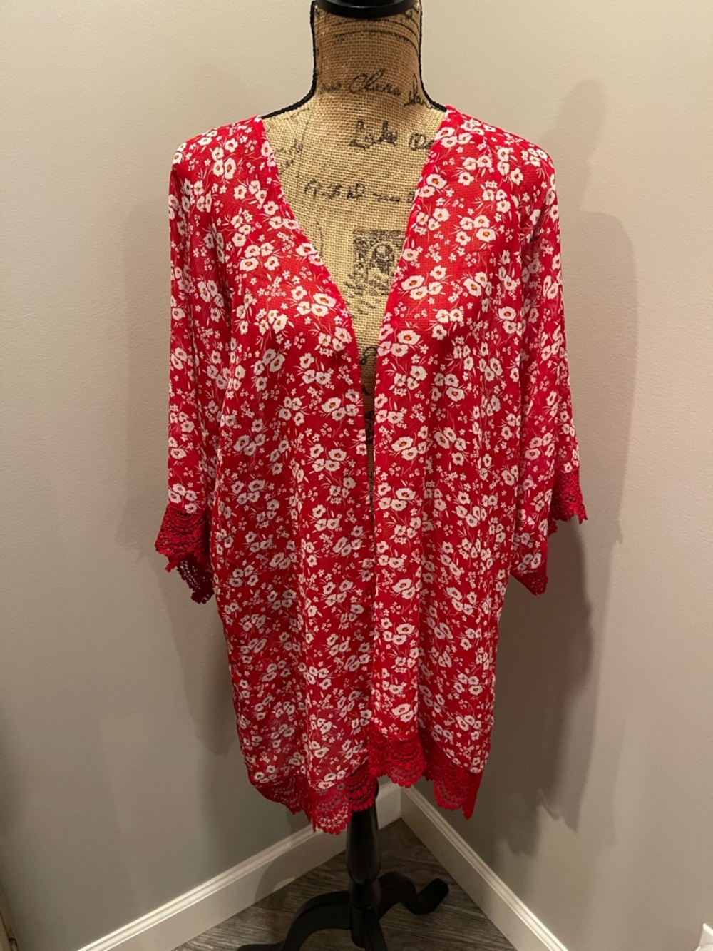 Maurices Red Floral Crochet Trim Kimono